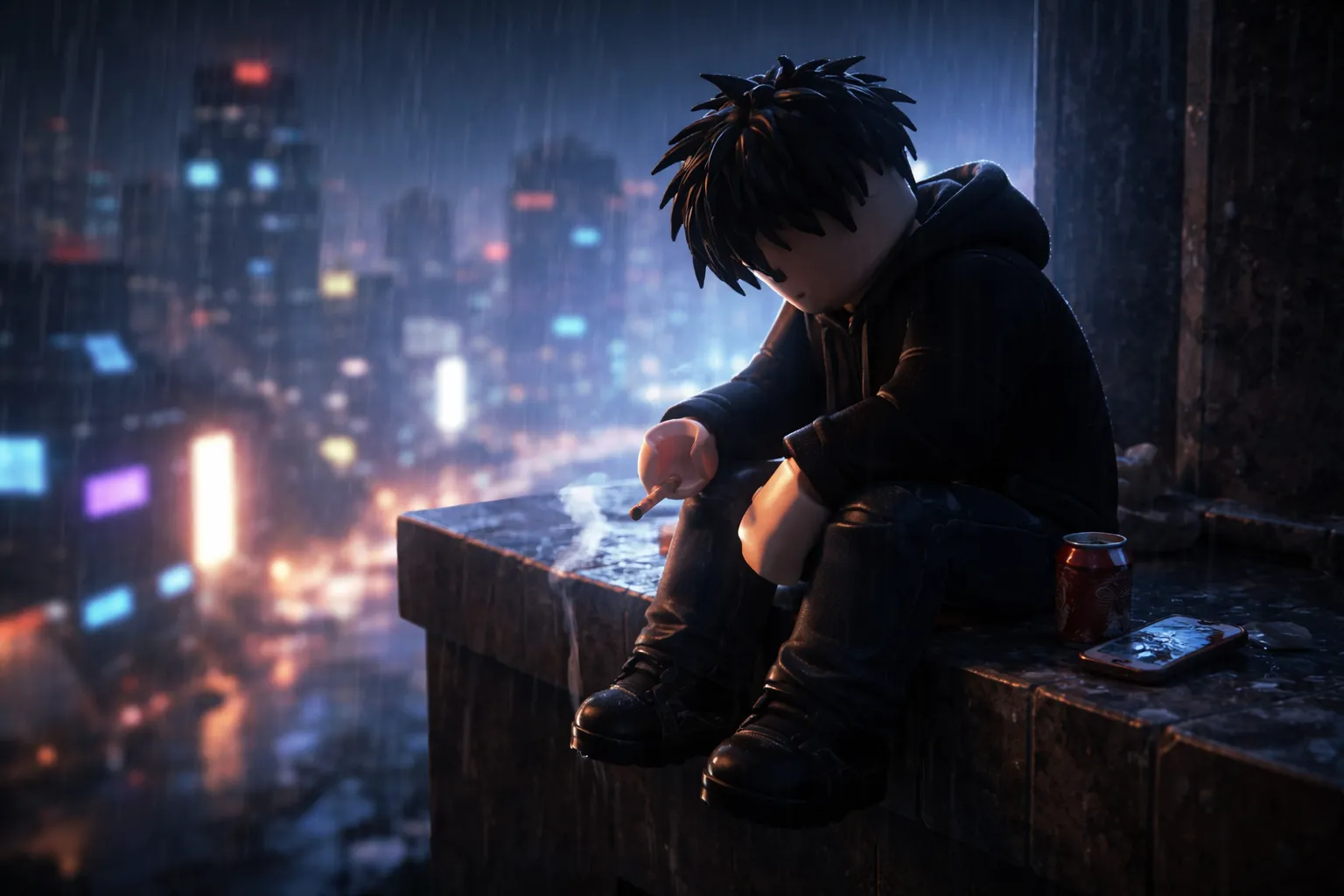 Lonely Roblox character on a rainy rooftop at night